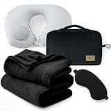 Bedsure Travel Blanket Set with Inflatable Neck Pillow and Eye Mask - Lightweight 3-in-1 Airplane Packable Blanket, Compact Travel Essentials, Black