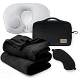 Bedsure Travel Blanket Set with Inflatable Neck Pillow and Eye Mask - Lightweight 3-in-1 Airplane Packable Blanket, Compact Travel Essentials, Black