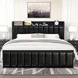 VECELO Queen Bed Frame, Storage Upholstered Headboard with Charging Station, Platform Bedframe, Heavy Duty Metal Slats, No Box Spring Needed, Noise-Free, Easy Assembly, Dark&Black