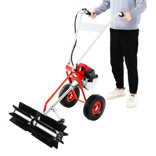43CC Gas Powered Power Sweeper Broom, 2 Stroke Walk Behind Lawn Sweeper, 1.7HP Hand Push Turf Sweeper Cleaner, 23.6in Rolling Brush, Pull Start Driveway Sweeper for Leaves, Snow, Sidewalk, Golf Course
