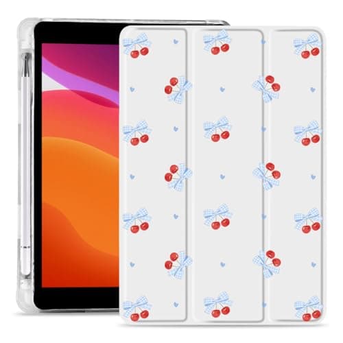 MAYCARI Blue White Cherry Bows Case for iPad Pro 11 Inch 2022/2021/2020/2018, iPad Pro 11" 4th/3rd/2nd/1st Gen Case with Pencil Holder, Cute Design Slim Soft TPU Silicone Cover, Auto Sleep/Wake Shell
