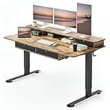 CubiCubi 60" x 30" Standing Desk with Drawers, Height Adjustable Electric Workstation, Computer Sit Stand Up Table with Large Storage Shelf 4 Drawers and 2 Hooks, Rustic Brown