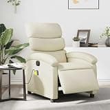 KHNLGFR Electric Massage Recliner Chair Cream Faux Leather, 135 Degree Power Recliner with 6 Massage Points, USB Powered Vibration Chair with Side Pocket, Wood and Metal Frame