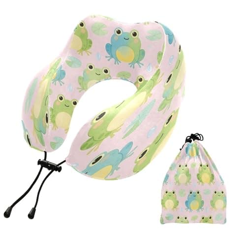 Hezely Happy Frogs Travel Pillow U Shape Memory Foam Comfortable Support Neck Pillow with Adjustable Rope Lock for Travel Airplane Car Office