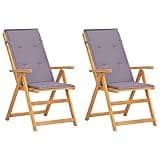 fsahslih Reclining Garden Chair Set of 2, Solid Acacia Wood Outdoor Patio Chairs with Cushions, Foldable Adjustable Folding Chairs for Balcony and Terrace, Grey Oiled Finish, 2 Pieces