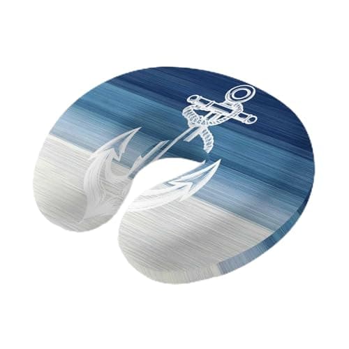 Nautical Anchor Navy Blue Travel Neck Pillow Memory Foam,Hand Neck Support Airplane Pillow for Traveling Bed Car Office Home,Coastal Ocean Ombre Striped Flight Pillows with Removable & Washable Cover