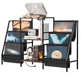 Large Vinyl Record Player Stand with Built-in Power Outlets - Retro Industrial Turntable Display Shelf and Media Storage Table with Fabric Sling Racks