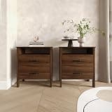 HOME DESIGN Alamosa Farmhouse 2-Drawer Nightstand Set of 2, Wood Bedside Tables with Open Shelf and Metal Handles