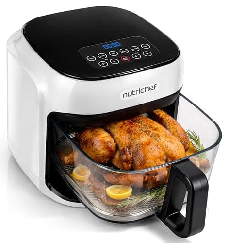 NutriChef Air Fryer with 6 Preset Modes | 7.5 Quart Digital Family Size Glass Bowl Air Fryer with Rack | 360° Cooking Visibility, Removable Glass Pot, Countertop Design | Fast & Even Airflow | White