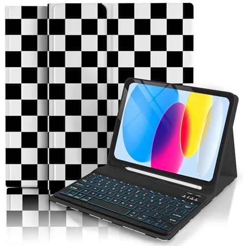 TopPerfekt with Bluetooth Keyboard for iPad 10th Gen 10.9 inch (2022) Case, (A16) 11th/10th Gen Case 11'' 2025 with 7-Color Backlights, Plaid Cute Checkered Aesthetics with Pencil Holder-Black - White