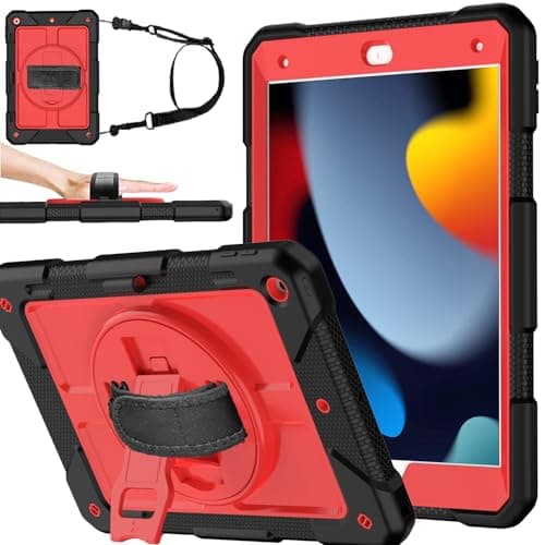 BMOUO for iPad 9th/8th/7th Generation Case 10.2", Shockproof 360 Rotating Stand Shoulder Hand Strap iPad 9th/8th/7th Gen Case with Pencil Holder for iPad 10.2 inch 2021/2020/2019 - Black and Red