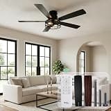 TCL 52 Inch Farmhouse Ceiling Fan with Light and Remote, Black Industrial Caged Flush Mount Ceiling Fans with 6 Speed Reversible Motor and Dual Finish 5 Blades,Ceiling Fan for Living room (black2, 52)