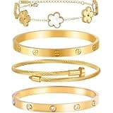 Womens Stackable Floral Gold Bracelets - 4Pcs 18K Gold Plated Bracelet,Stainless Steel Bangle Bracelets Non Tarnish, Gold Bracelet Set Trendy Jewelry,Christmas Valentines Birthday Gifts for Girlfriend