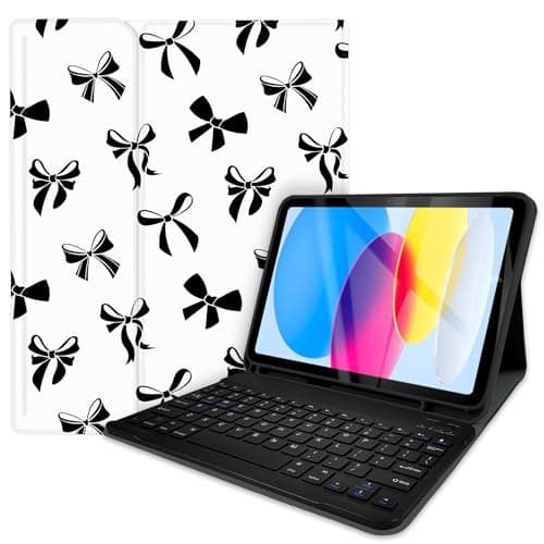 TopPerfekt Case Keyboard for iPad Gen 11th (A16) 11'' 2025/10th 10.9-inch 2022,Black Bow Cute Chic Adorable with Pencil Holder for 10.9'' Case with Keyboard Rechargeable, Detachable,White - Black Bow