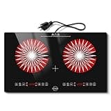 Hobsir 2 Burner Electric Cooktop 110V with Plug, 2000W Independent Power, 24 Inch Countertop & Built-in Electric Stove, LED Touch Control, Menu Function, Safety Lock