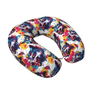 TZTTZT Watercolor Colored Wolf Print Travel Neck Pillow Airplane, Memory Foam Neck Pillow for Traveling/Sleeping, Travel Essentials Accessories for Men Women
