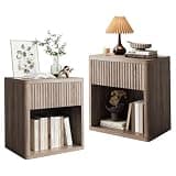 Garvee Night Stand Set of 2 with Drawer, Fluted Bed Side Table, Mid Century Wood Night Stands, Large Modern Farmhouse Nightstand for Bedroom Living Room Sofa Office