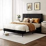 QVUUOU Queen Size Velvet Upholstered Platform Bed with Height-Adjustable Headboard, Sturdy Steel Frame and Wood Slats, Quiet Design, No Box Spring Needed, Black