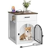 CHOEZON Dog Crate Furniture, Wooden Dog House with Charging Station and Storage Drawer, Indoor Pet Crate End Table for Small Breeds, Dog Kennel for Living Room, Bedroom, White and Walnut MGW01UWL