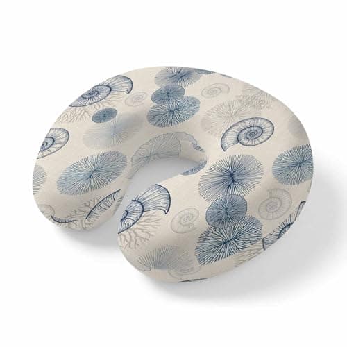 ZRNLTDGHK Neck Pillow Coastal Blue Conch Shells Ocean Flora Travel Pillow Memory Foam U Shaped Pillows, Vintage Linen Travel Neck Pillows for Airplane Car Office Home Sleeping Rest