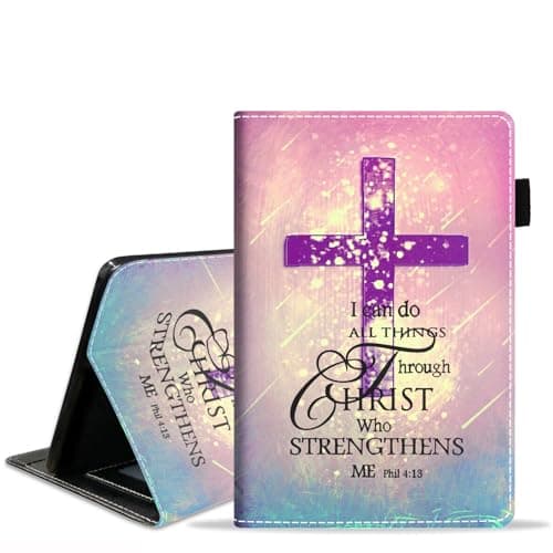 BXIKEOPIU Case for Amazon Kindle Fire 7 Tablet (7", 12th Generation, 2022 Release), Slim PU Leather Stand Folio Cover with Card Slot & Auto Wake Sleep, Christian Cross Quote Bible Verse Phil 4-13