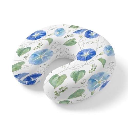 Travel Pillows U-Shaped Neck Pillow Watercolor Blue Floral Morning Glory Ergonomic Memory Foam Pillow Head Cushion,Summer Plant Green Leaf Soft Portable Neck Pillows for Office Airplane Car Train