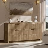 HOTALLOY 47" Wide Fluted 6 Drawers Dresser for Bedroom, Chest of Drawer with Curved Profile Design, Modern Wood Closet Clothes Storage Organizer for Bedroom, Living Room, Hallway, Light Walnut
