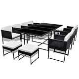 WRJENFSC 13 Piece Patio Dining Set, PE Rattan Wicker Outdoor Furniture with Tempered Glass Table, 8 Armchairs and 4 Stools with Cushions for 12 Person, Space Saving Design for Garden, Black