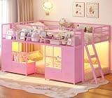 BTHFST Low Bunk Bed Twin Over Twin with 8 Fabric Drawers & Bookshelf, Twin Bunk Beds with RGB LED Lights, Windows, Metal Bunk Beds for Kids with Slanted Ladder & Safety Guardrails, Space Saving, Pink