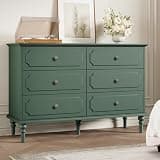 Topbele Dresser for Bedroom with 6 Drawers, 47" Vintage Chest of Drawers with Embossed Design, Mid Century Modern Storage Chest, Wood Closet Clothes Storage Organizer for Living Room, Entryway, Green