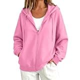 Oplxuo Women's Zip Up Sweatshirt Long Sleeve Oversized Casual Jacket Pink