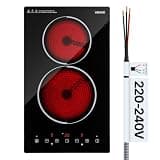 VEVOR Electric Cooktop 12inch 2 Burners Stove Top 3000W 220V No Plug, Ceramic Built-in Radiant Electric Stove, with 9 Power Levels, Timer, Child Lock, Over-Heat Guard, Touch Control