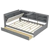 Nwgsyps Wooden Platform Bed with Storage Headboard, Built-in Shelves and 2 Drawers, Solid Wood Slat Support, No Box Spring Needed, Easy Assembly Bedroom Furniture (Gray,30.9''H)