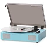 MANGOSTAN Blue Vinyl Record Player with Built-in Stereo Speakers, 3-Speed Belt-Drive Turntable for 7/10/12" Records, Bluetooth Playback, RCA/AUX/Headphone Output, Auto Stop, Vintage LP Player
