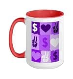 Purple Color Peace Love Money Grid Purple Graphic Ceramic Mug, Red/White, 15oz
