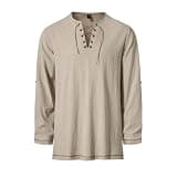 Men Lace Up Medieval Tunic Long Sleeve Stand Collar Loose Fit Shirts Vintage Renaissance Pirate Costume Casual Tops Beige