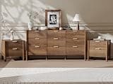 CHUWELL Mid Century Modern 3 Piece Bedroom Dresser Set, Fluted Walnut Dresser Set with 63" Wide 9 Drawer Large Dresser and Nightstands Set of 2, Chest of Drawers with Solid Wood Legs