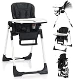 INFANS High Chair for Babies & Toddlers, Foldable Highchair with Multiple Adjustable Backrest, Footrest and Seat Height, Removable Tray, Detachable PU Leather Cushion, Built-in Rear Wheels (Black)