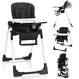 INFANS High Chair for Babies & Toddlers, Foldable Highchair with Multiple Adjustable Backrest, Footrest and Seat Height, Removable Tray, Detachable PU Leather Cushion, Built-in Rear Wheels (Black)