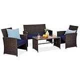 Best Choice Products 4-Piece Outdoor Wicker Patio Conversation Furniture Set for Backyard w/Coffee Table, Seat Cushions - Brown/Navy
