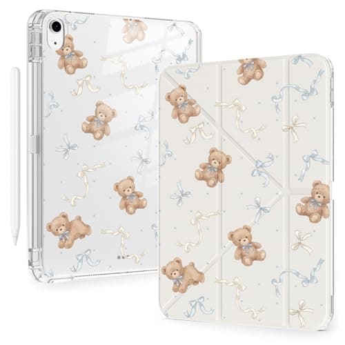 BlHMCASE Cute Kawaii Bear Bow for iPad Air 11 Inch Case 7th/6th Generation (M3/M2) 2025/2024 with Pencil Holder, Auto Sleep/Wake, White Leather Acrylic Back Detachable Cover