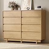 SINROM 8 Drawer Oak Dresser for Bedroom, 53.1" Wide Mid Century Modern Dresser with Sleek Handleless Design,Wooden Large Chest of Drawers with Elevated Base