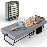 Folding Bed with Mattress, Portable Foldable Bed for Adults, Roll Away Bed Guest Bed on Wheels, Metal Frame, Headboard & Dustproof Cover, Charging Station, Space Saving, Easy Storage, 75" x 31"