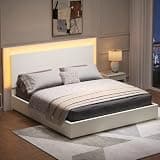 SOFTSEA King Size Bed Frame with LED Lights, Solid Wood Platform Bed with Tall Headboard, Low Profile Bed with Wood Slats Support, No Box Spring Needed, White