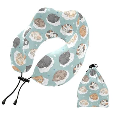 Emelivor Cute Cats Clouds Teal Pattern Travel Pillow Memory Foam Neck Pillow with Storage Bag Comfortable Neck Support Pillows for Airplane Sleeping Car Home Plane Office Travel Accessories