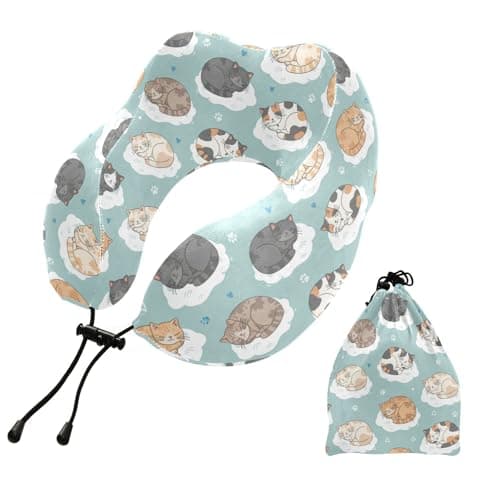 Emelivor Cute Cats Clouds Teal Pattern Travel Pillow Memory Foam Neck Pillow with Storage Bag Comfortable Neck Support Pillows for Airplane Sleeping Car Home Plane Office Travel Accessories