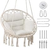KROFEM Hammock Chair Swing Chair with Boho Medium Cushion, Macrame Hanging Chair for Bedroom, Indoor, Outdoor, Balcony, Porch, Beige