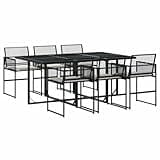 Kaorsrow 7-Piece Garden Dining Set, Black Poly Rattan Outdoor Furniture with Cream White Cushions, 6-Person Rectangular Table and Folding Chairs for Patio and Terrace