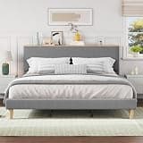 Bestier King Bed Frame with Adjustable Headboard & RGB LEDLighting, Corduroy Upholstered Platform Bed Frame withStorage Shelf, Solid Wood Slats, No Box Spring Needed,Never Squeak, Light Grey