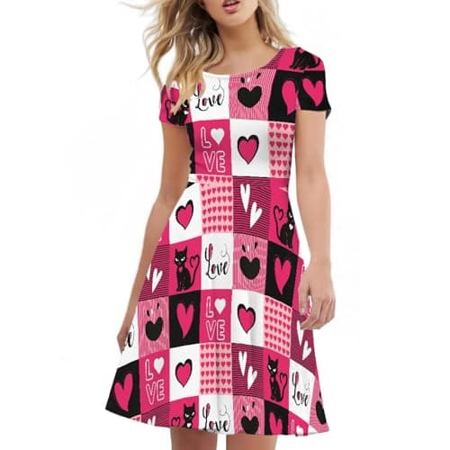 Bloomprint Romantic Heart Black Cat Summer Dress for Women Short Sleeve Comfortable Daily Party Knee Length A Line Swing Stylish Printed Skater Dress Pink